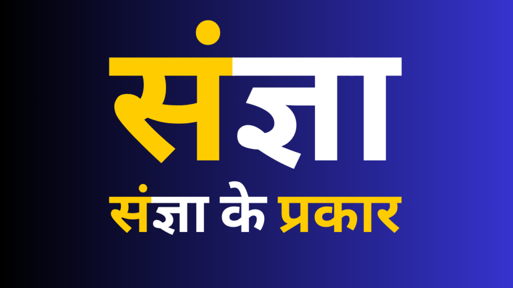 Educational image explaining the concept of 'संज्ञा' in Hindi, defining it as the name of a person, place, thing, or idea (व्यक्ति, स्थान, वस्तु, या विचार का नाम). Includes visuals representing different types of nouns with colorful icons for व्यक्ति, स्थान, वस्तु, and विचार.